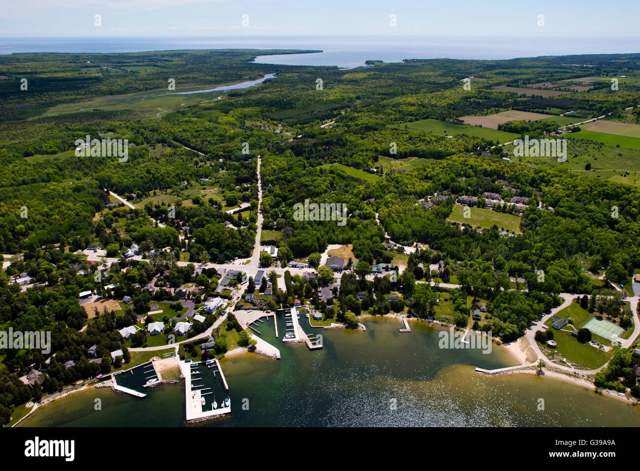 Aerial view of Ellison Bay and the Door County shoreline in summer