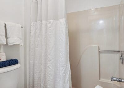 Bathroom in a King Room with a shower-over-bath and fresh towels