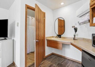 Vanity, microwave and dishwasher in the kitchenette of a King Room, with the bathroom door open